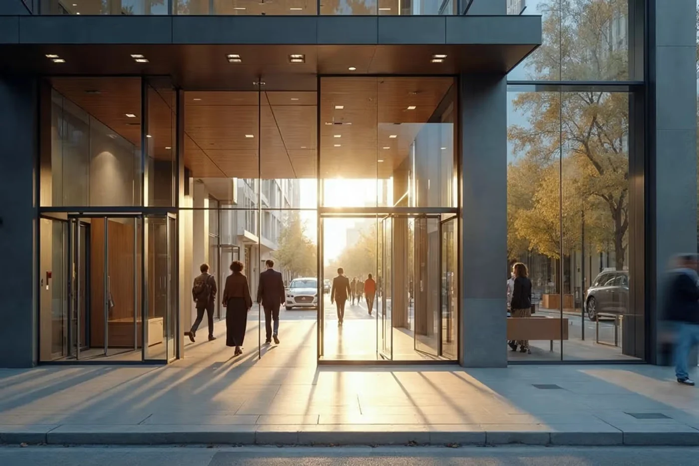 Physicians walking through the sunlit entrance of a modern medical building