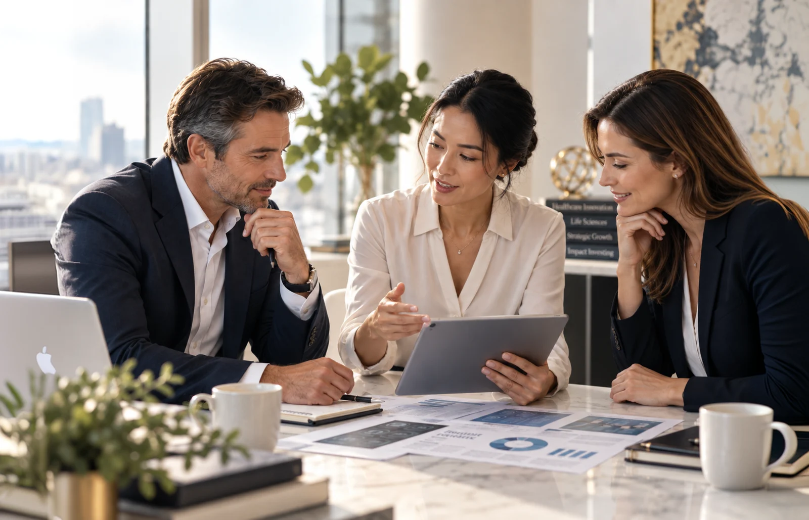 An investment team reviewing a company on a tablet