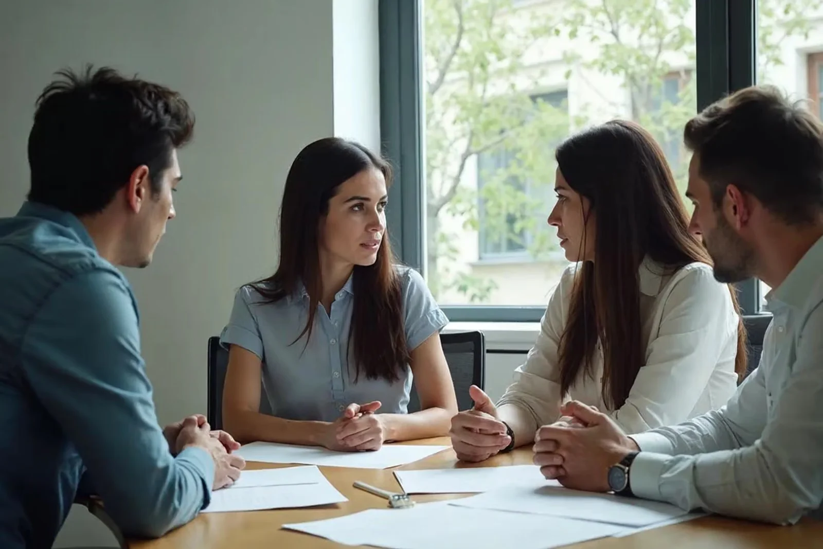 Four clinicians in conversation around a meeting table